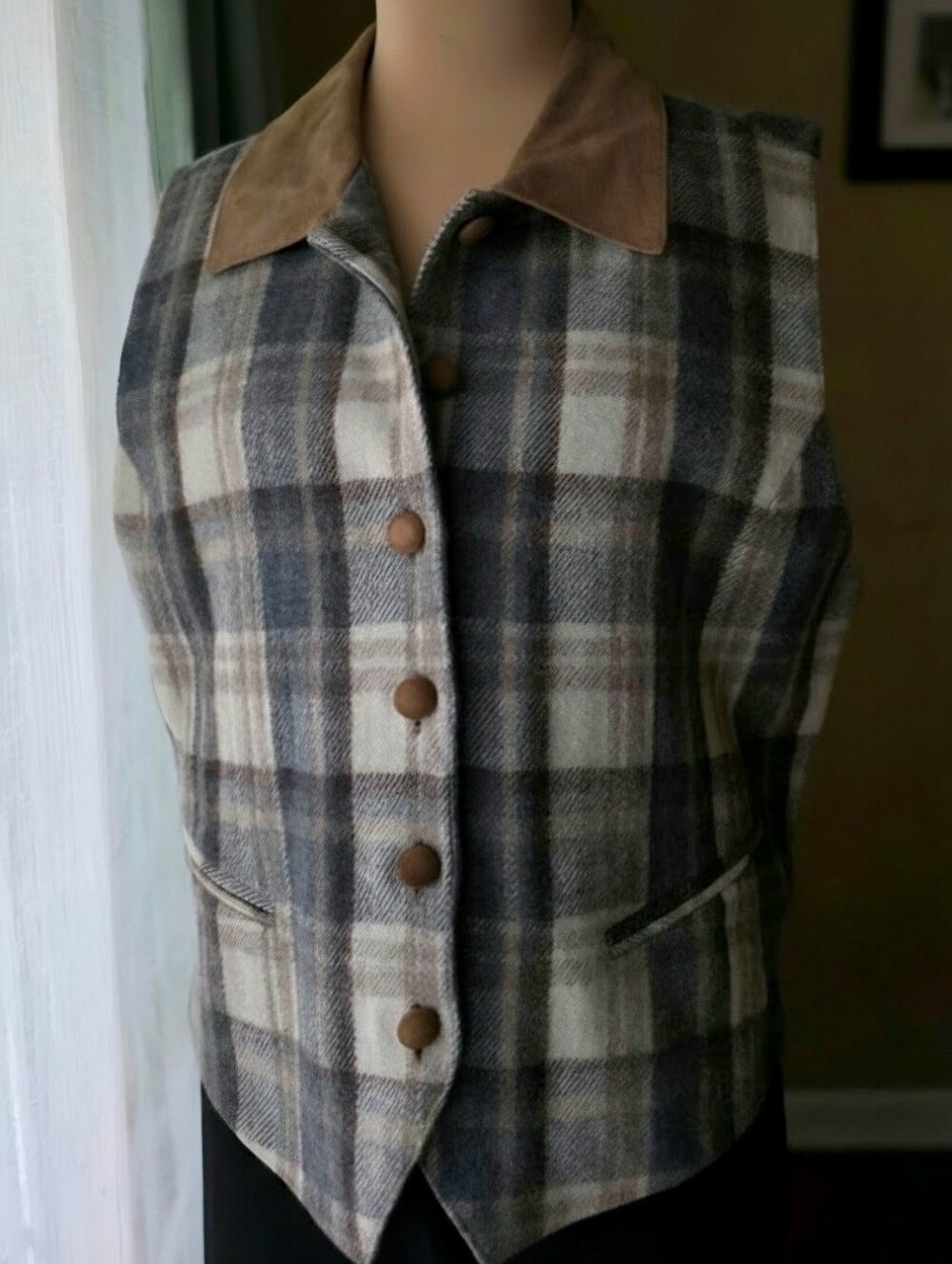 Chrysanthe Vintage Plaid Wool Vest Leather Collar Academic Goblincore Large